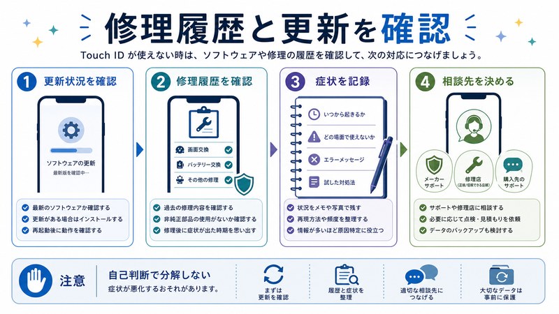 更新状況確認、修理履歴確認、症状記録、相談先決定を整理した日本語図解
