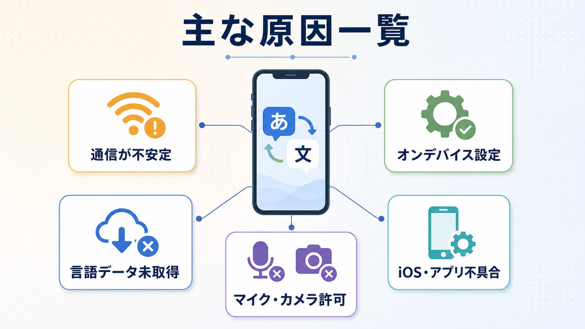 iPhoneの翻訳アプリが使えない主な原因を一覧にした画像