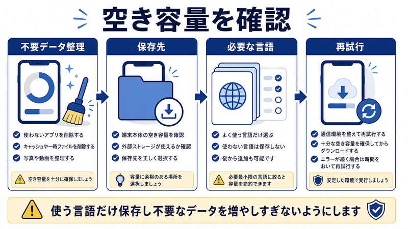 不要データ整理、保存先、必要な言語、再試行を整理した日本語図解