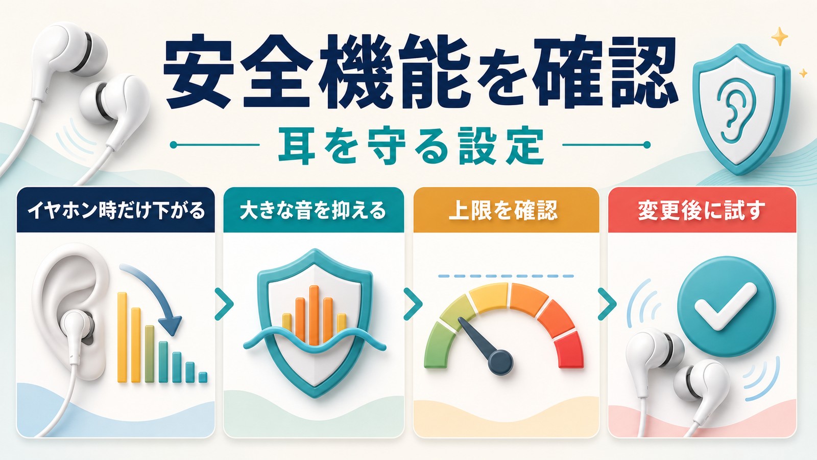 iPhoneでイヤホン使用時だけ音量が下がる場合にヘッドフォン安全機能と上限設定を確認する図解