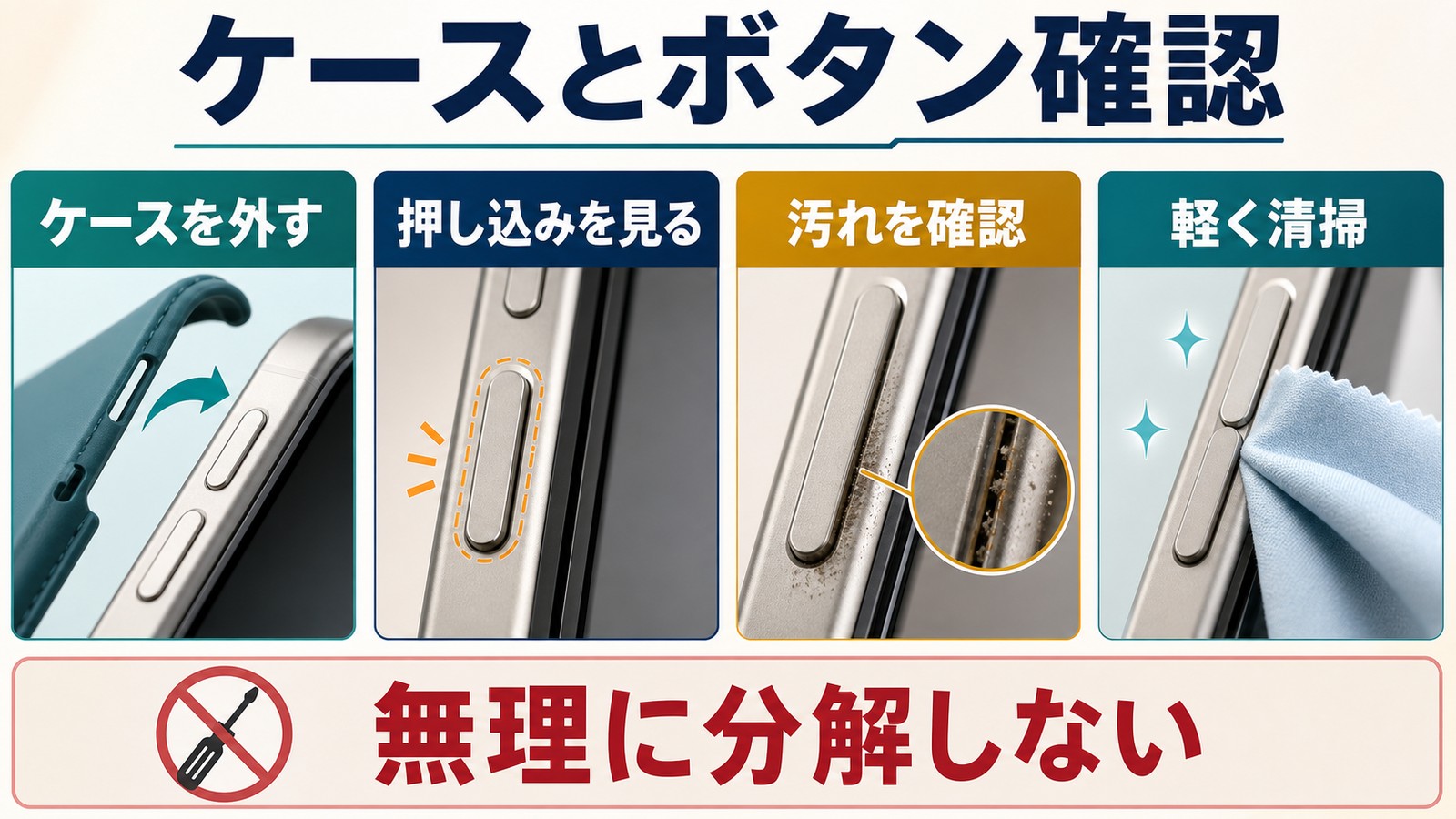 iPhoneケースを外して音量ボタンの押し込みや汚れを確認し無理に分解しない注意を示す図解