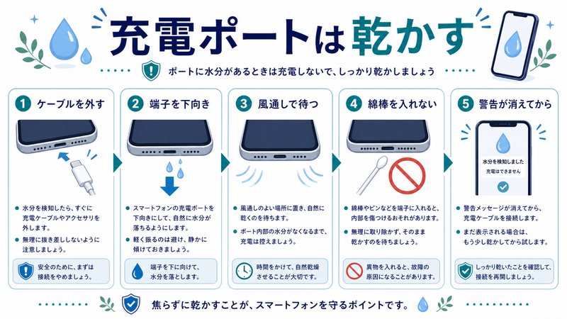 ケーブルを外し、端子を下向きにして、風通しで待ち、綿棒を入れず、警告が消えてから確認する流れを整理した日本語図解