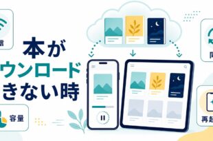 Kindleアプリで本がダウンロードできない時に通信容量同期再起動を順番に確認する図解アイキャッチ