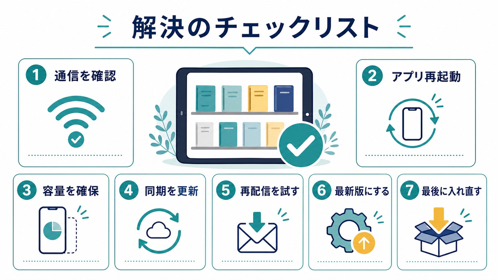 Kindleアプリの本がダウンロードできない時に通信確認アプリ再起動容量確保同期更新再配信最新版入れ直しを確認する図解