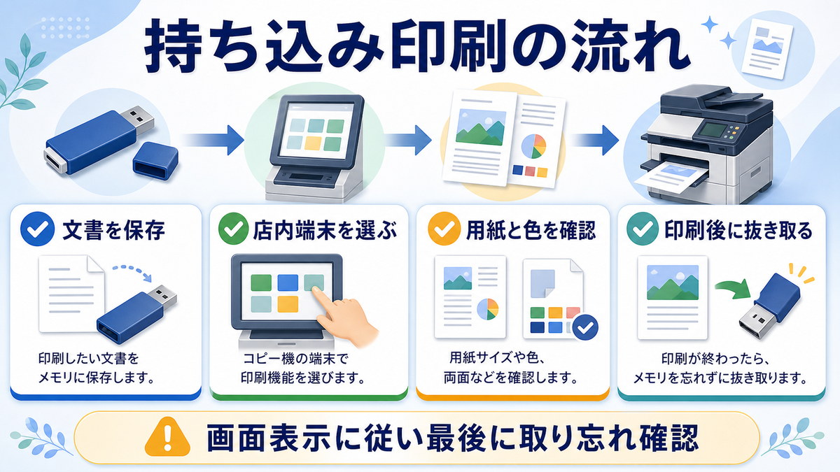コンビニで持ち込み印刷する時に文書保存店内端末用紙と色印刷後の抜き取りを順に確認する図解