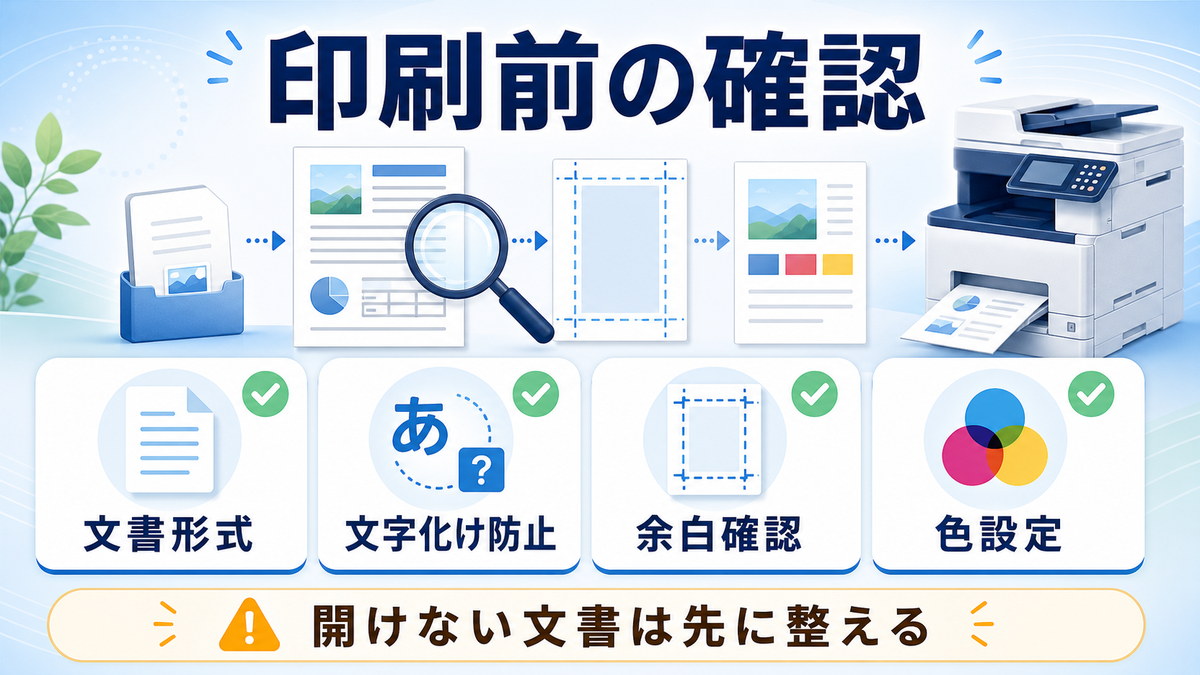 コンビニ印刷前に文書形式文字化け防止余白確認色設定を確認して開けない文書を先に整える図解