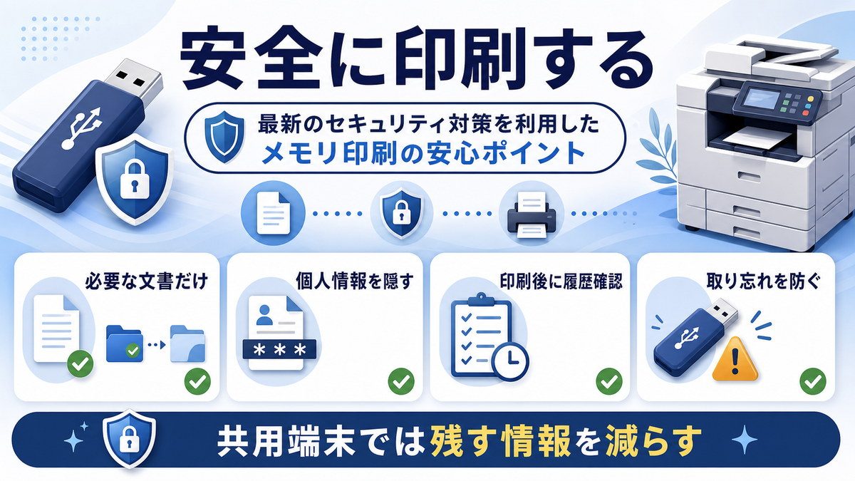 共用端末で安全に印刷するため必要な文書だけ使い個人情報を隠し印刷後の履歴と取り忘れを確認する図解