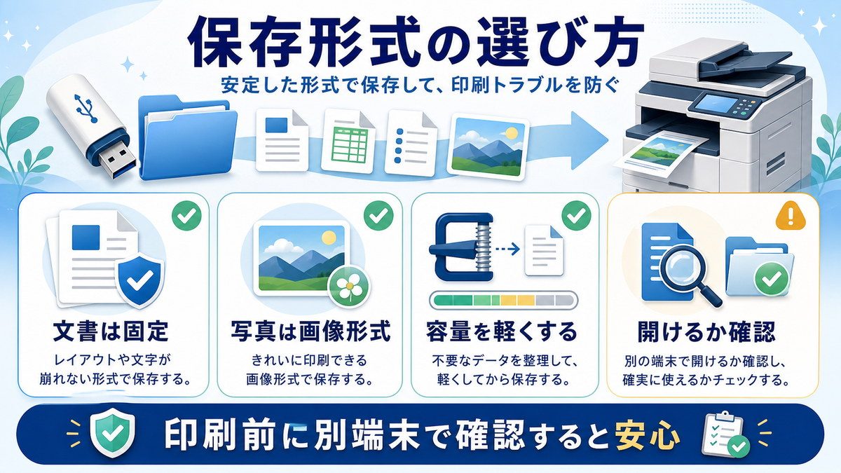 コンビニ印刷向けに文書は固定写真は画像形式容量を軽くする開けるか確認を整理した図解