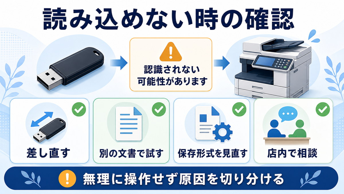 読み込めない時に差し直す別の文書で試す保存形式を見直す店内で相談する順番を整理した図解