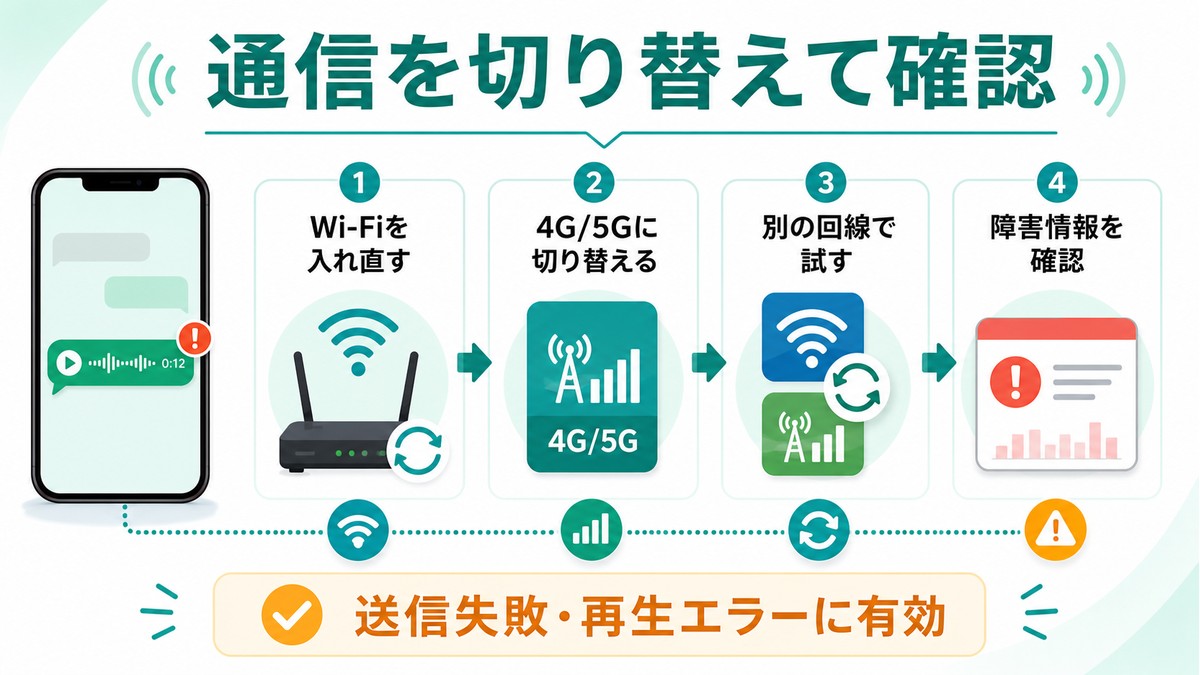 LINEボイスメッセージの送信失敗や再生エラー時に通信を切り替えて確認する図解
