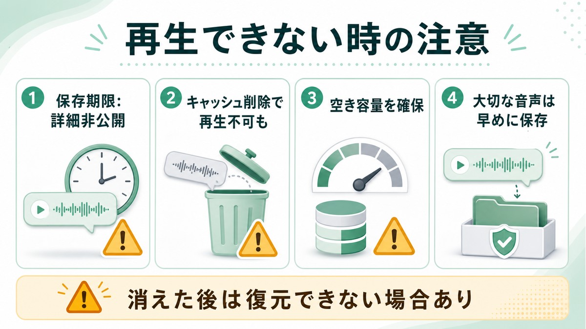 LINEボイスメッセージが再生できない時の保存期限キャッシュ容量の注意点を示す図解