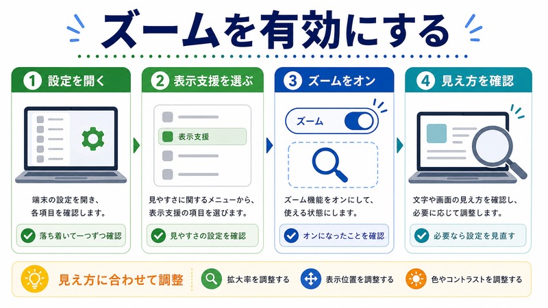 設定を開き、表示支援を選び、ズームをオンにして見え方を確認する日本語図解