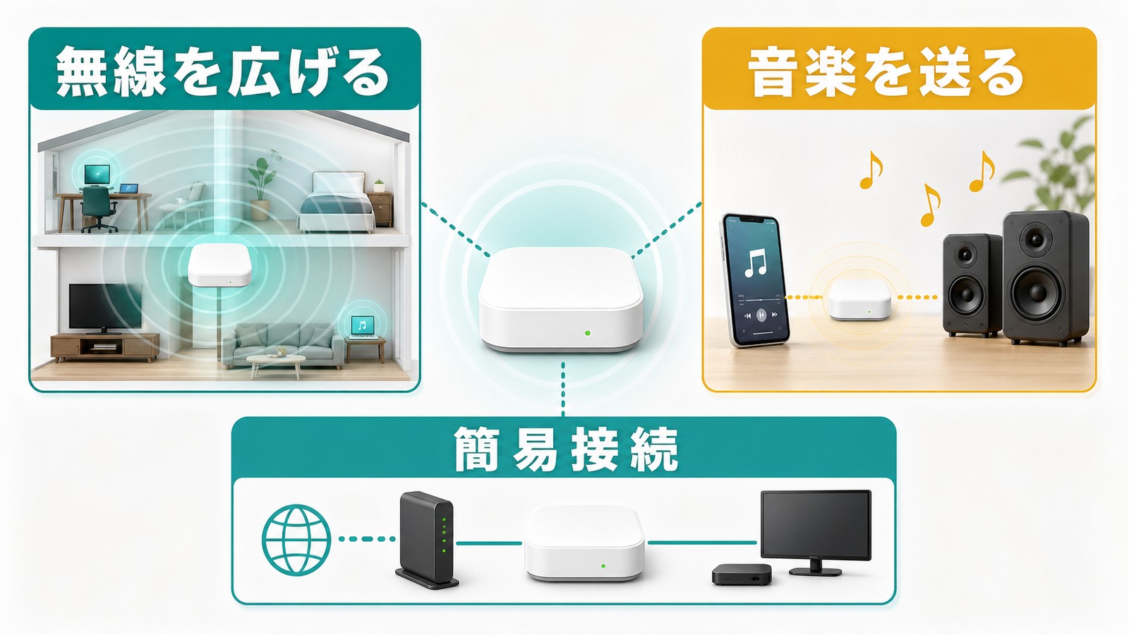 AirMac Expressの主な使い方として無線を広げる音楽を送る簡易接続を整理した図解