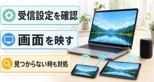 ノートパソコンで受信設定を確認し、画面共有と接続不良時の確認順を示すアイキャッチ画像