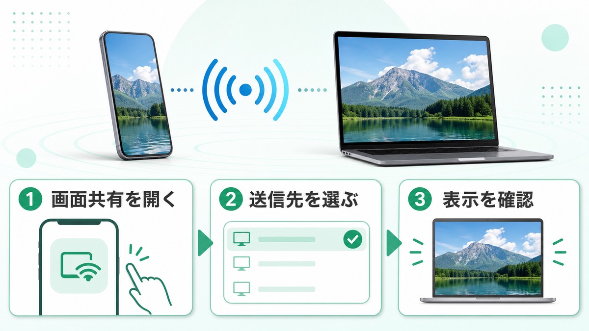 iPhoneからMacへ画面共有するときに送信先の選択から表示確認までの流れを示す図解