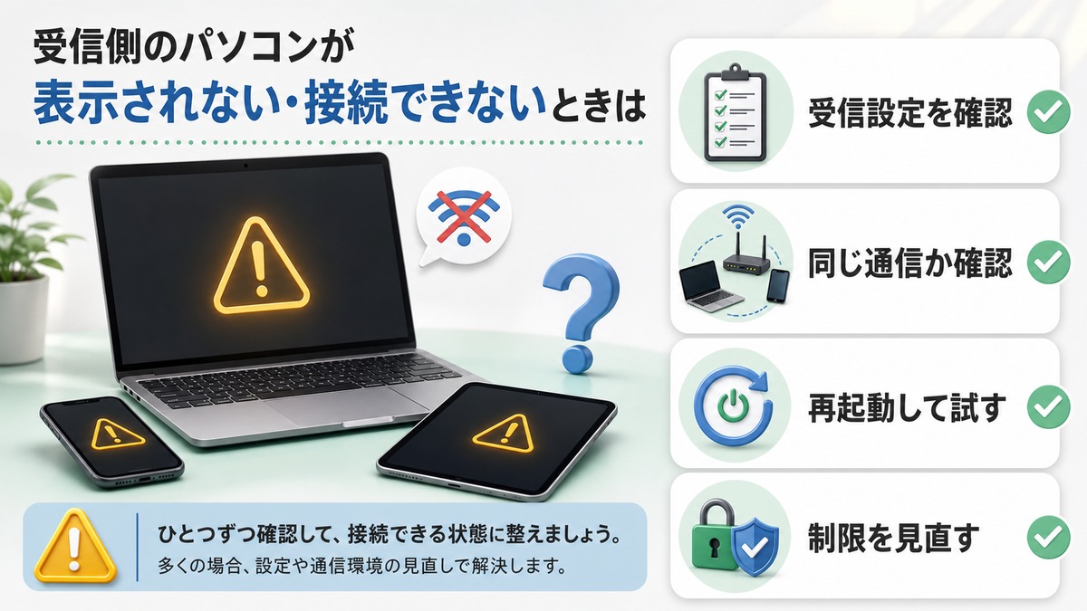 AirPlayでMacが見つからない時に受信設定や同一Wi-Fi、再起動を見直す図解