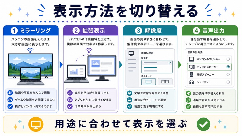 ミラーリング、拡張表示、解像度、音声出力を用途に合わせて選ぶ日本語図解