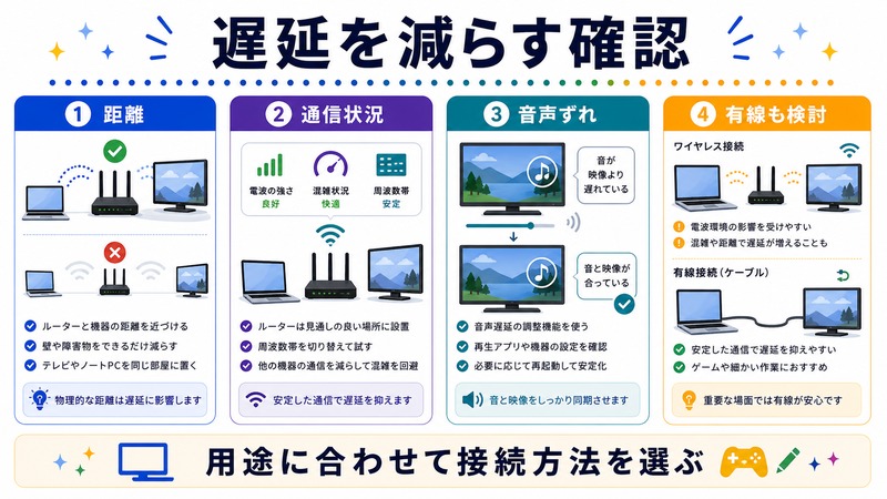 距離、通信状況、音声ずれ、有線も検討するポイントを示す日本語図解
