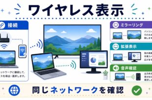 接続、ミラーリング、拡張表示、音声確認を行い、同じネットワークを確認する日本語アイキャッチ画像