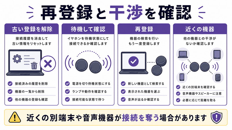 古い登録の解除、待機して確認、再登録、近くの機器を整理した日本語図解