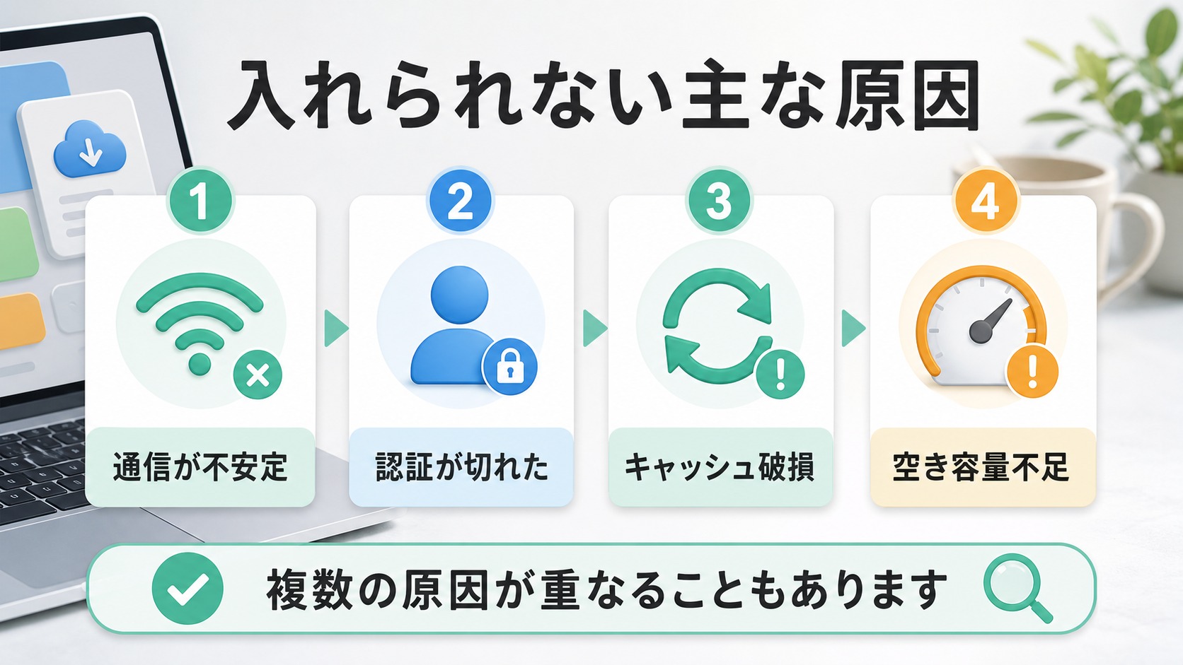 通信、認証、一時データ、空き容量の原因を整理した図解