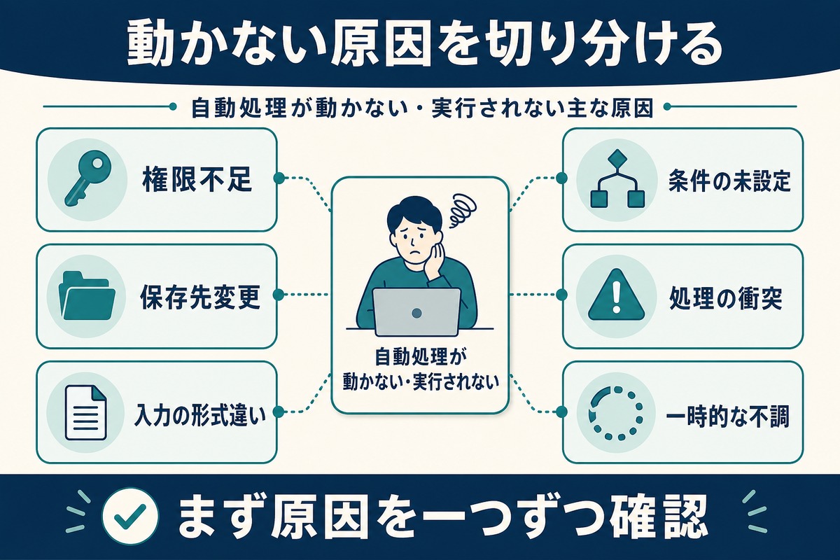 自動処理が動かない原因を切り分ける図解