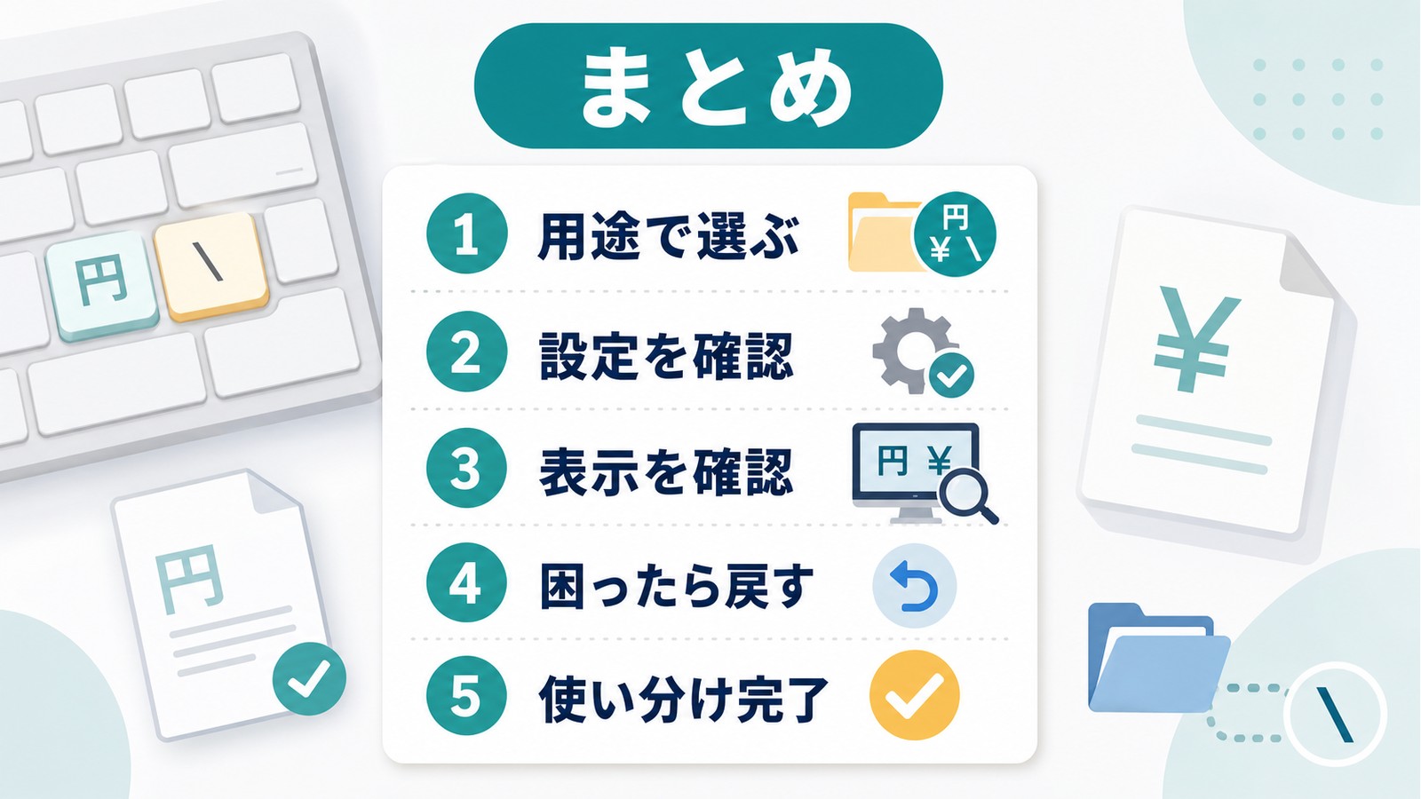 円記号とバックスラッシュを用途で選ぶ設定確認表示確認困ったら戻す使い分け完了の流れでまとめた図解