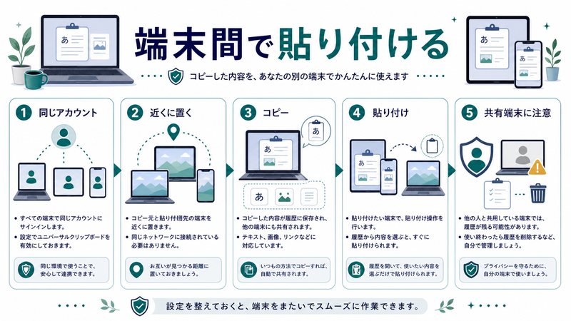同じアカウント、近くに置く、コピー、貼り付け、共有端末での注意を整理した日本語図解