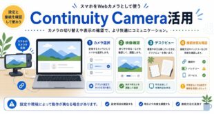 Continuity CameraでスマホをWebカメラとして使い、カメラ選択、映像確認、デスクビュー、接続状態確認を行う日本語アイキャッチ画像