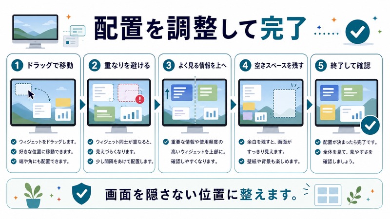 ドラッグ移動、重なり回避、よく見る情報の配置、空きスペース、終了確認を整理した日本語図解