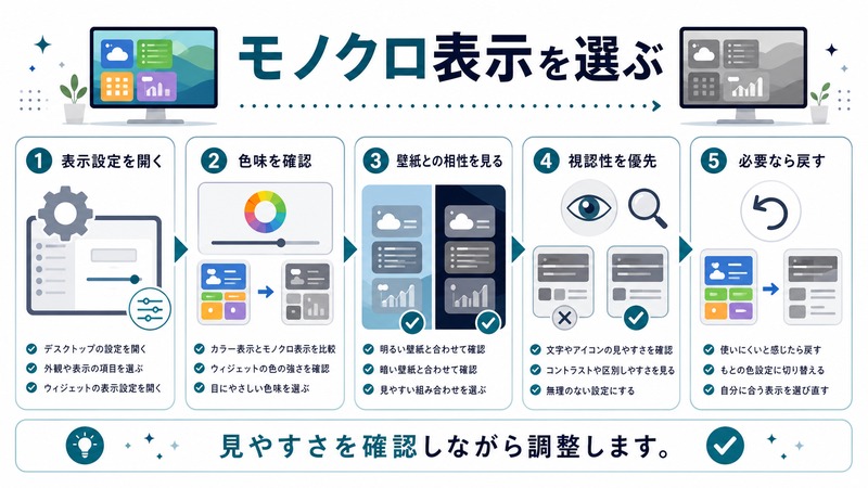 表示設定、色味、壁紙との相性、視認性、必要時の戻し方を整理した日本語図解