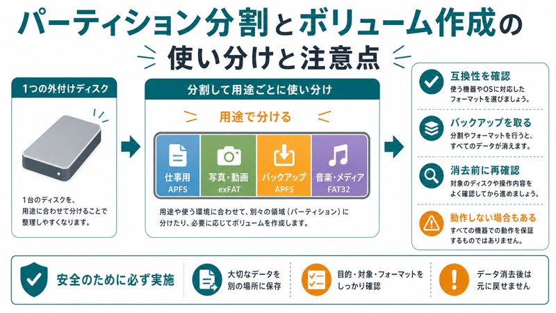用途別分割、互換性確認、バックアップ、消去前再確認、動作しない場合もある注意点を整理した日本語図解