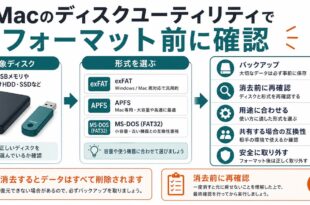 対象ディスク、形式選択、バックアップ、消去前の再確認、用途に合わせる流れを整理した日本語アイキャッチ画像
