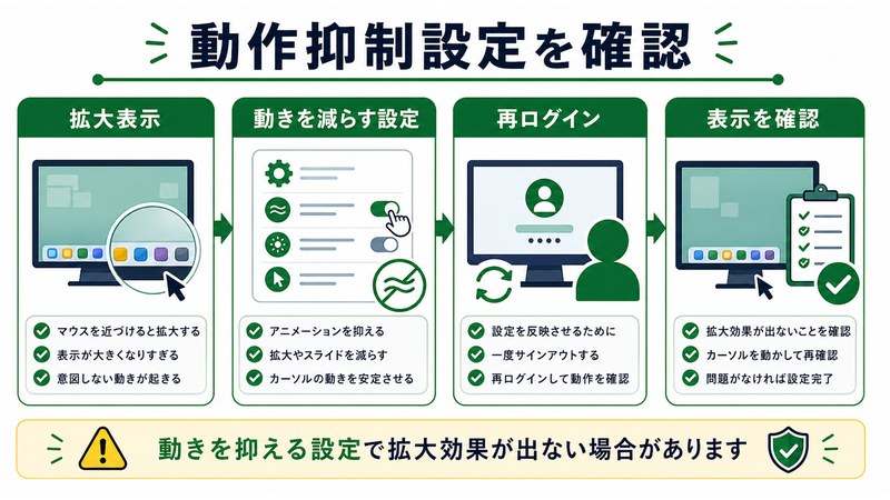 拡大表示、動きを減らす設定、再ログイン、表示確認を整理した日本語図解