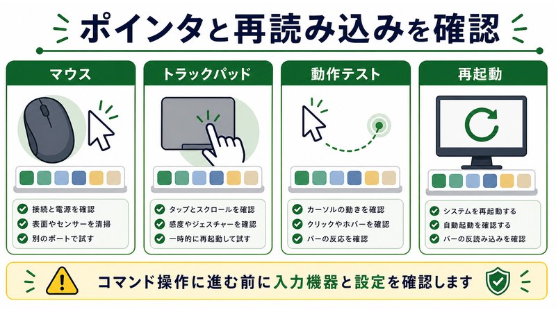 マウス、トラックパッド、動作テスト、再起動を整理した日本語図解