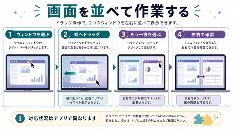 ウィンドウ選択、端へのドラッグ、もう一方の選択、左右確認の流れを整理した日本語図解