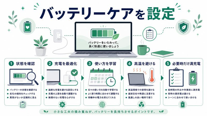 状態確認、充電最適化、使い方の学習、高温回避、必要時だけ満充電を整理した日本語図解