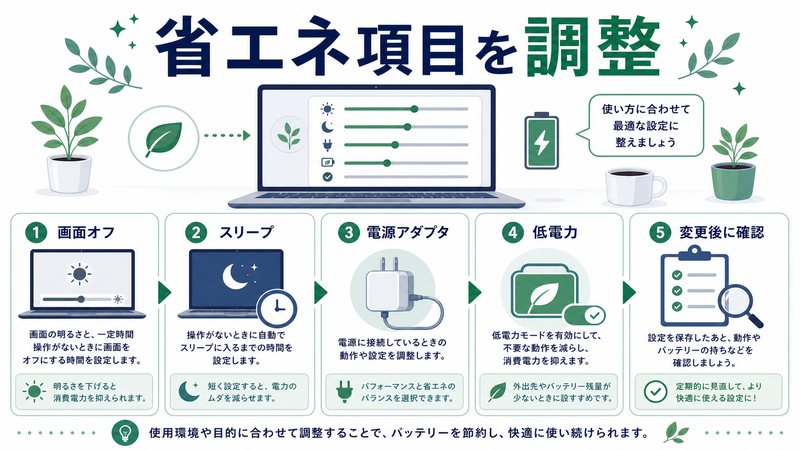 画面オフ、スリープ、電源アダプタ、低電力、変更後の確認を整理した日本語図解