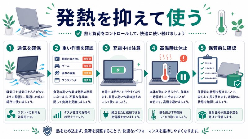 通気確保、重い作業の確認、充電中の注意、高温時の休止、保管前確認を整理した日本語図解