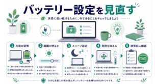 充電の習慣、画面の明るさ、スリープ設定、発熱を抑える、保管前確認を整理した日本語アイキャッチ画像
