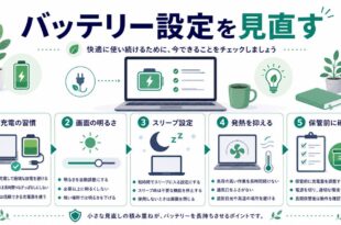 充電の習慣、画面の明るさ、スリープ設定、発熱を抑える、保管前確認を整理した日本語アイキャッチ画像