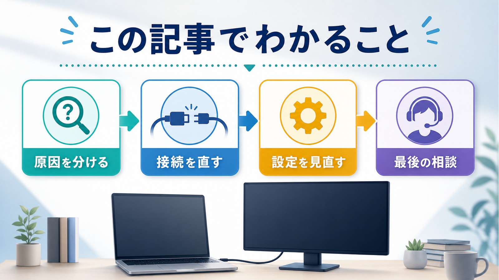 外部ディスプレイが認識されない時に原因接続設定相談まで確認できる内容を整理した図解