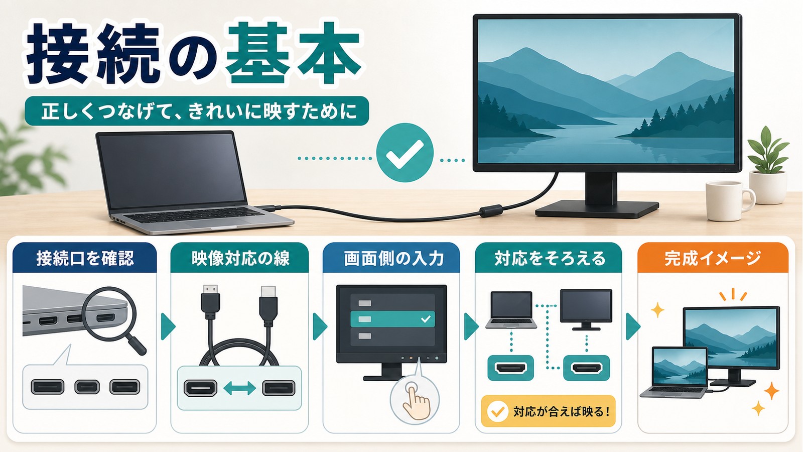 外部ディスプレイ接続で接続口映像対応の線画面側の入力対応をそろえる流れを整理した図解