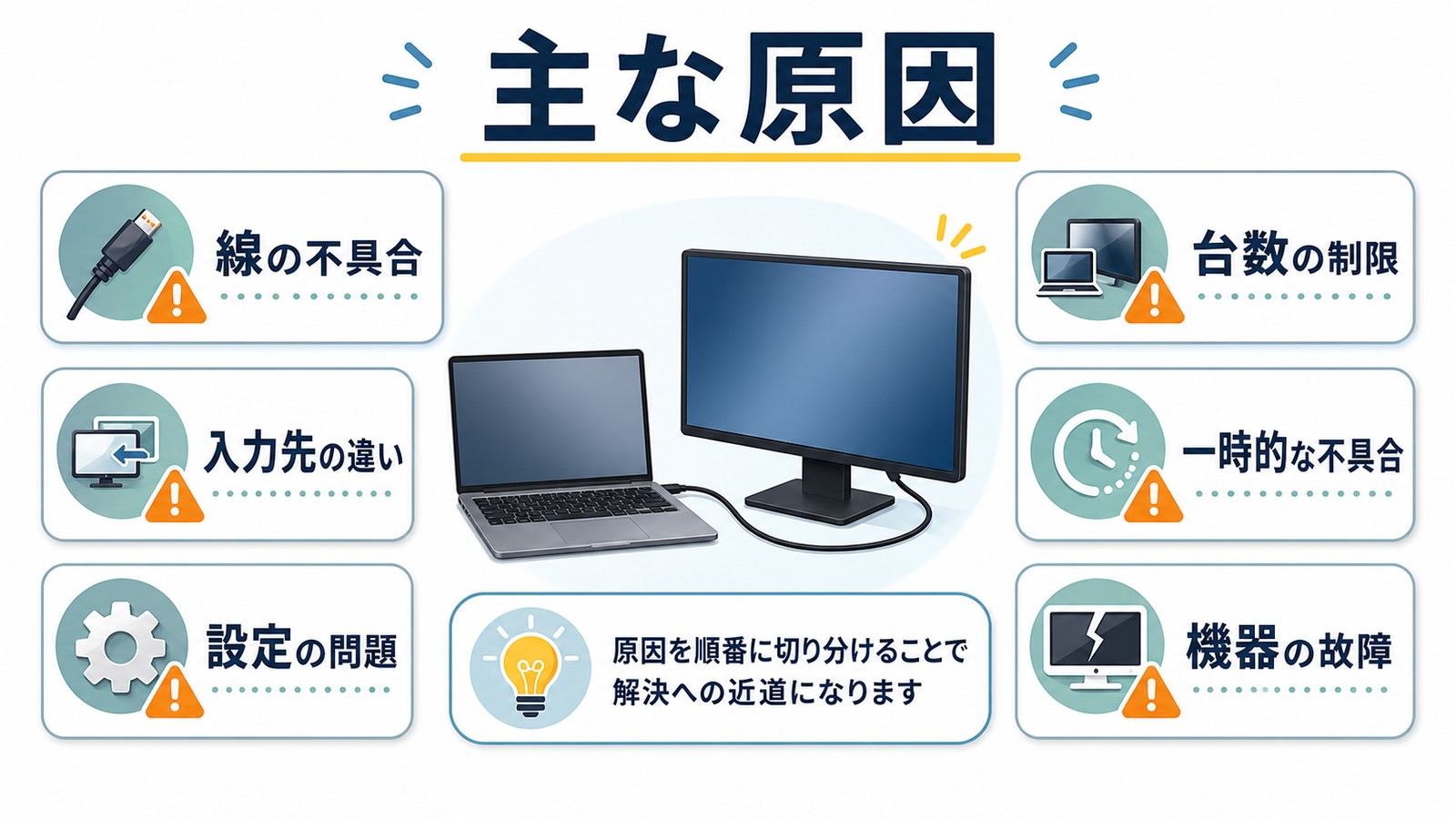 外部ディスプレイが認識されない原因として線の不具合入力先の違い設定の問題台数制限一時不具合故障を整理した図解