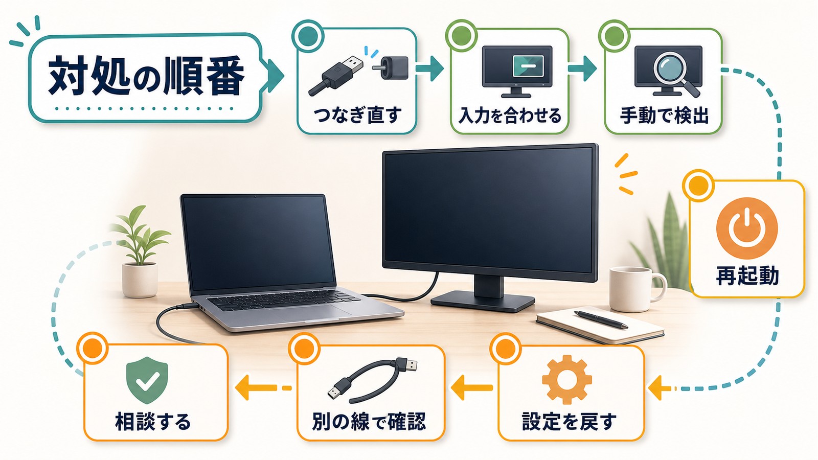 外部ディスプレイが認識されない時につなぎ直し入力確認手動検出再起動設定戻し別の線相談までの順番を整理した図解