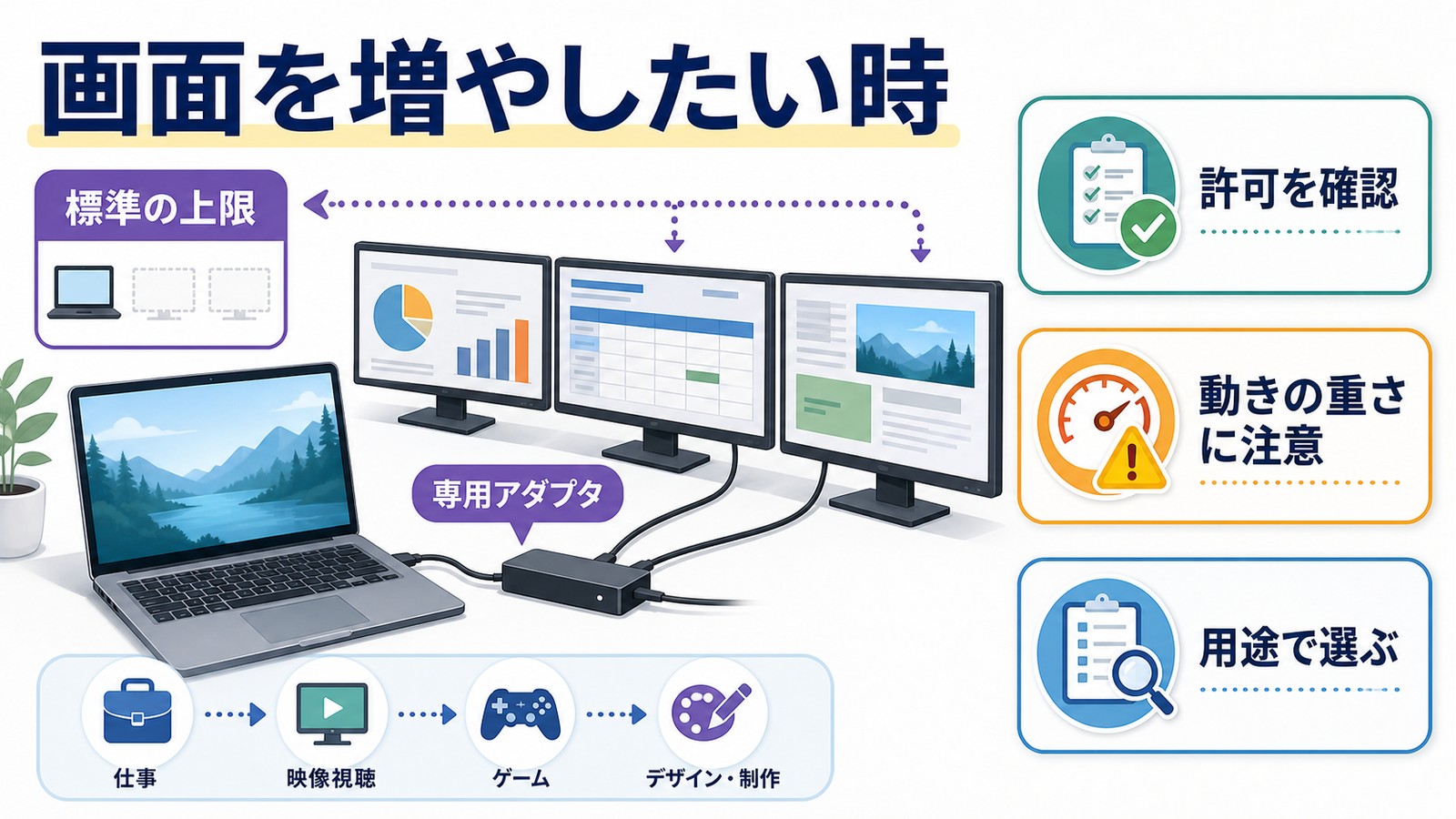 外部画面を増やしたい時に標準の上限専用アダプタ許可確認動きの重さ用途で選ぶ流れを整理した図解