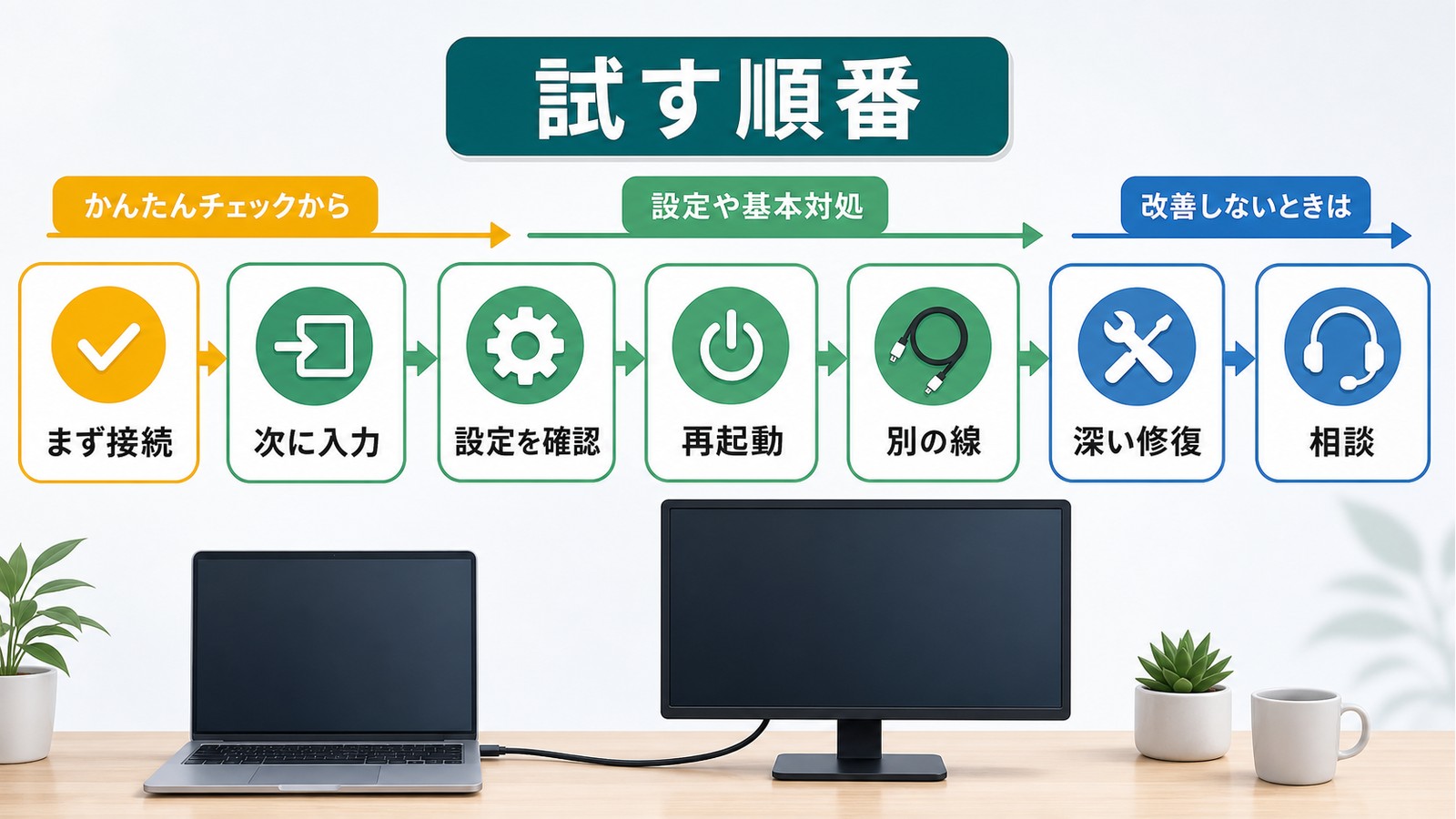 外部ディスプレイが認識されない時にまず接続次に入力設定確認再起動別の線深い修復相談の順番を整理した図解