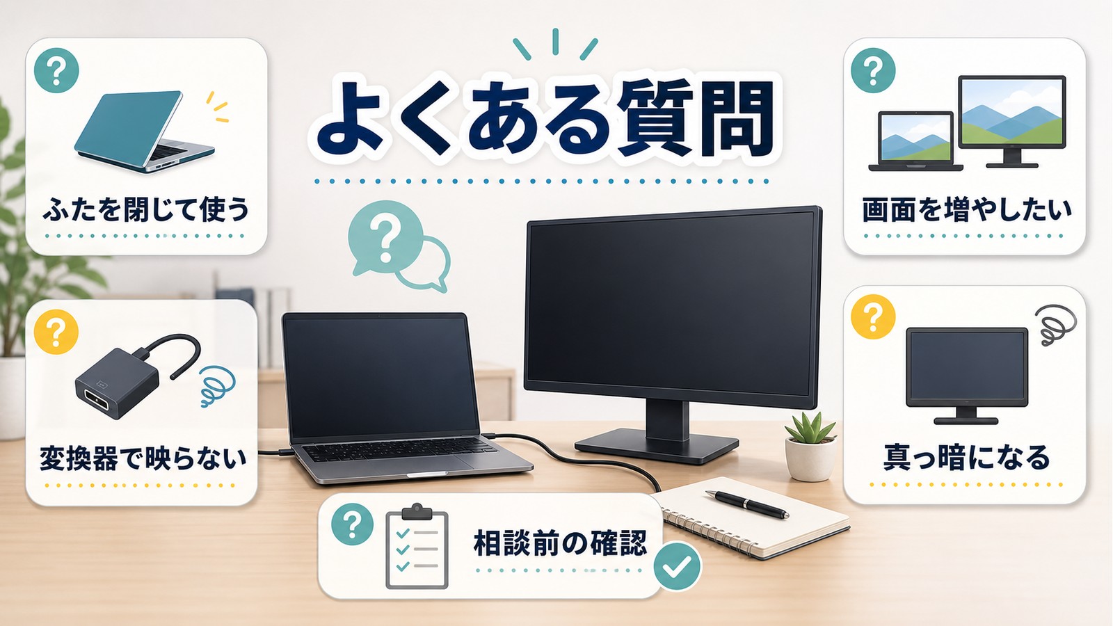 外部ディスプレイのよくある質問としてふたを閉じて使う変換器で映らない画面を増やしたい真っ暗になる相談前確認を整理した図解