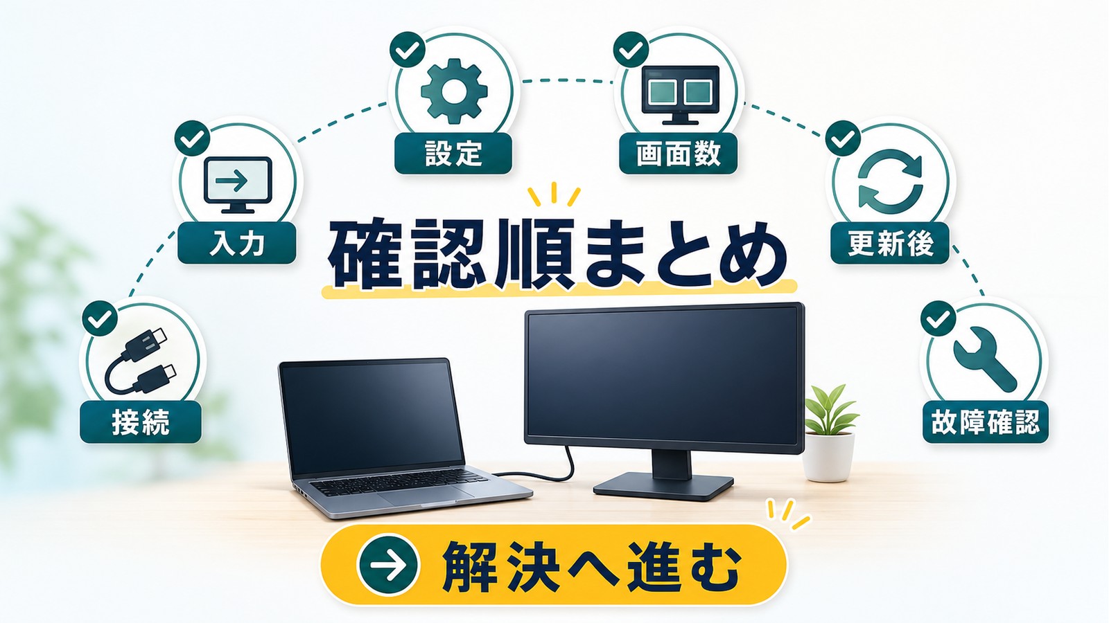 外部ディスプレイが認識されない時に接続入力設定画面数更新後故障確認の順番を整理した図解