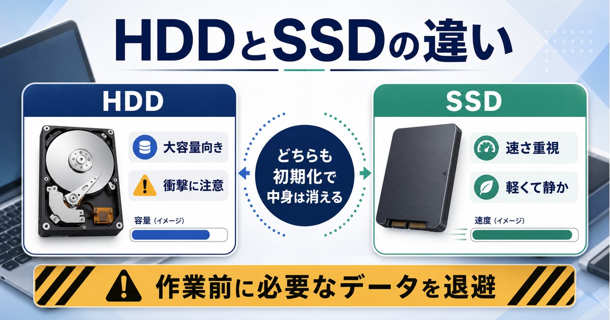 HDDとSSDの違い、初期化で中身が消えること、作業前のデータ退避を説明する図